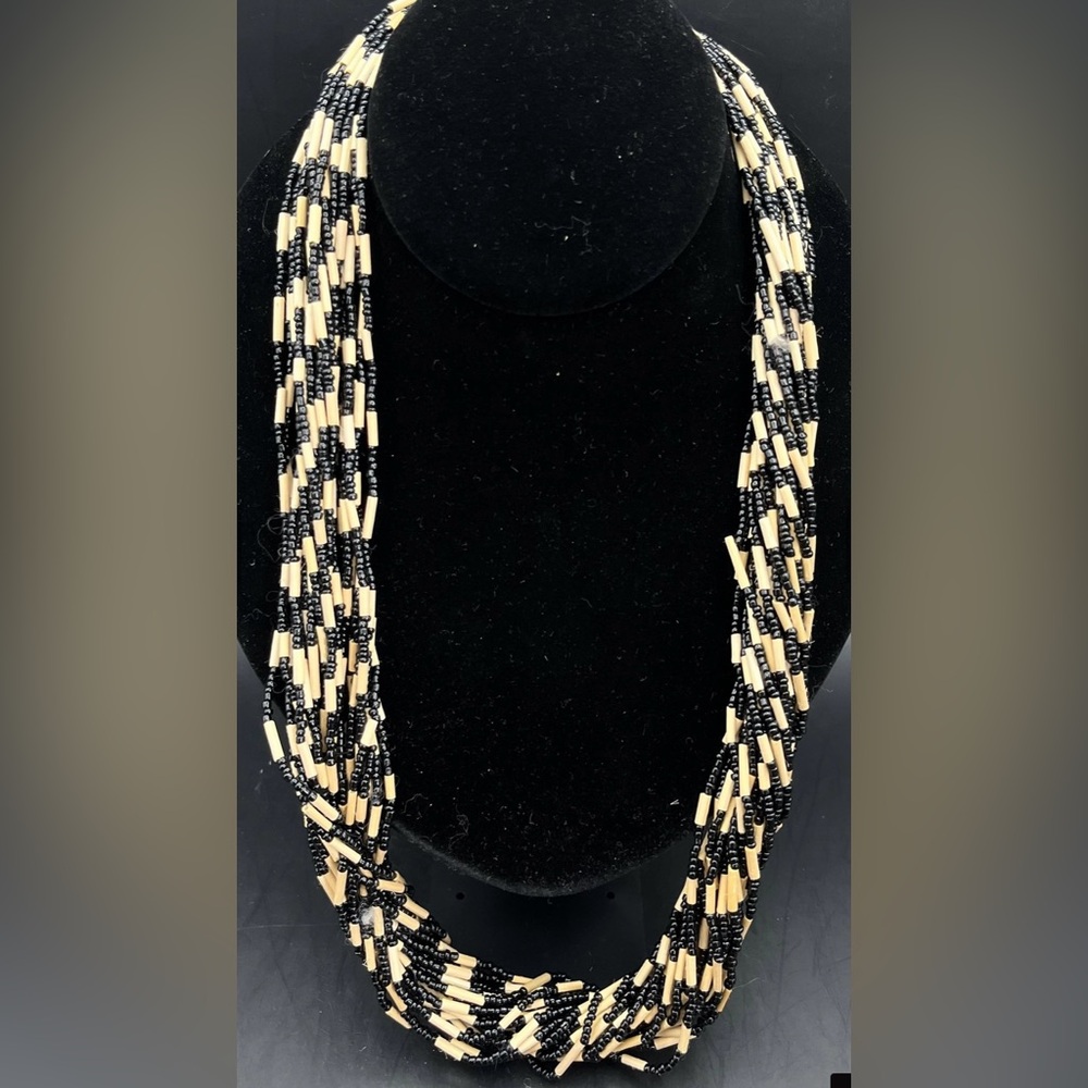 Multistrand Black & Natural Beaded Multi Strand Statement Necklace Boho OOAK HTF